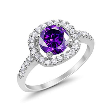 Solitaire Accent Halo Wedding Ring Round Simulated Amethyst CZ 925 Sterling Silver